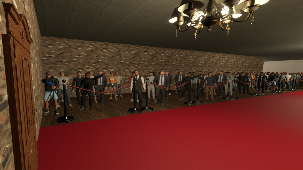Ambiente de lujo en un palacio virtual, alfombra roja y arañas de cristal.