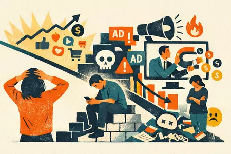 Una pantalla abrumadora llena de contenido caótico y anuncios, representando la degradación de la experiencia digital.