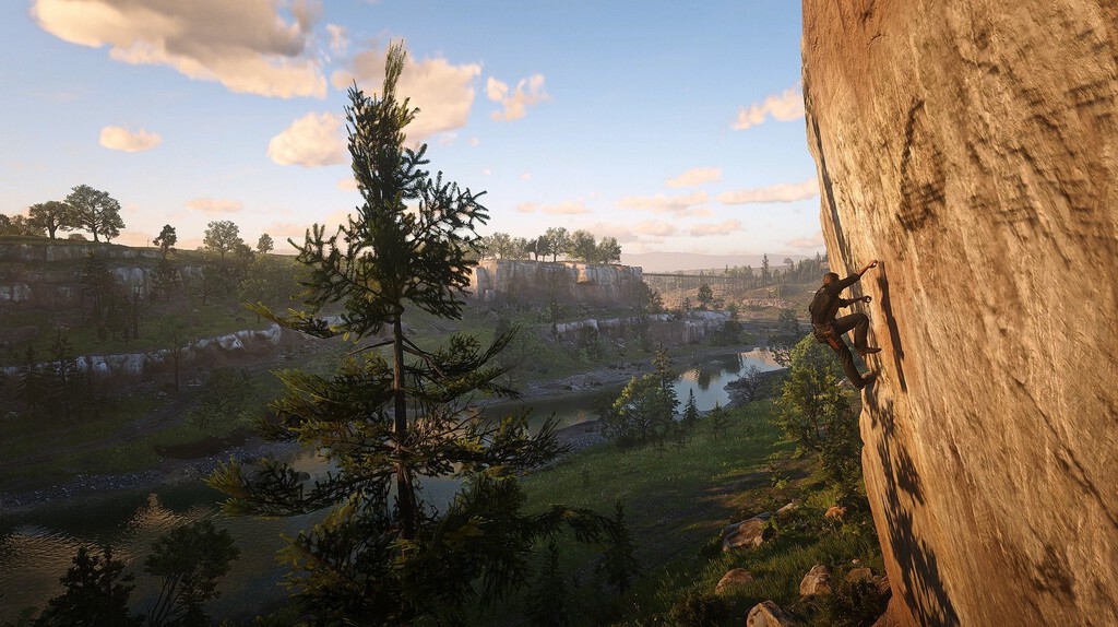 Arthur Morgan escalando una estructura en Red Dead Redemption 2