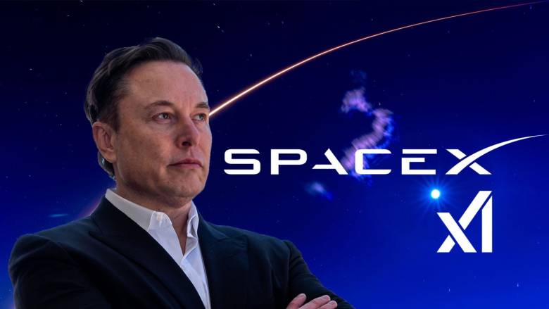 Elon Musk pensativo con elementos tecnológicos de SpaceX y XAI